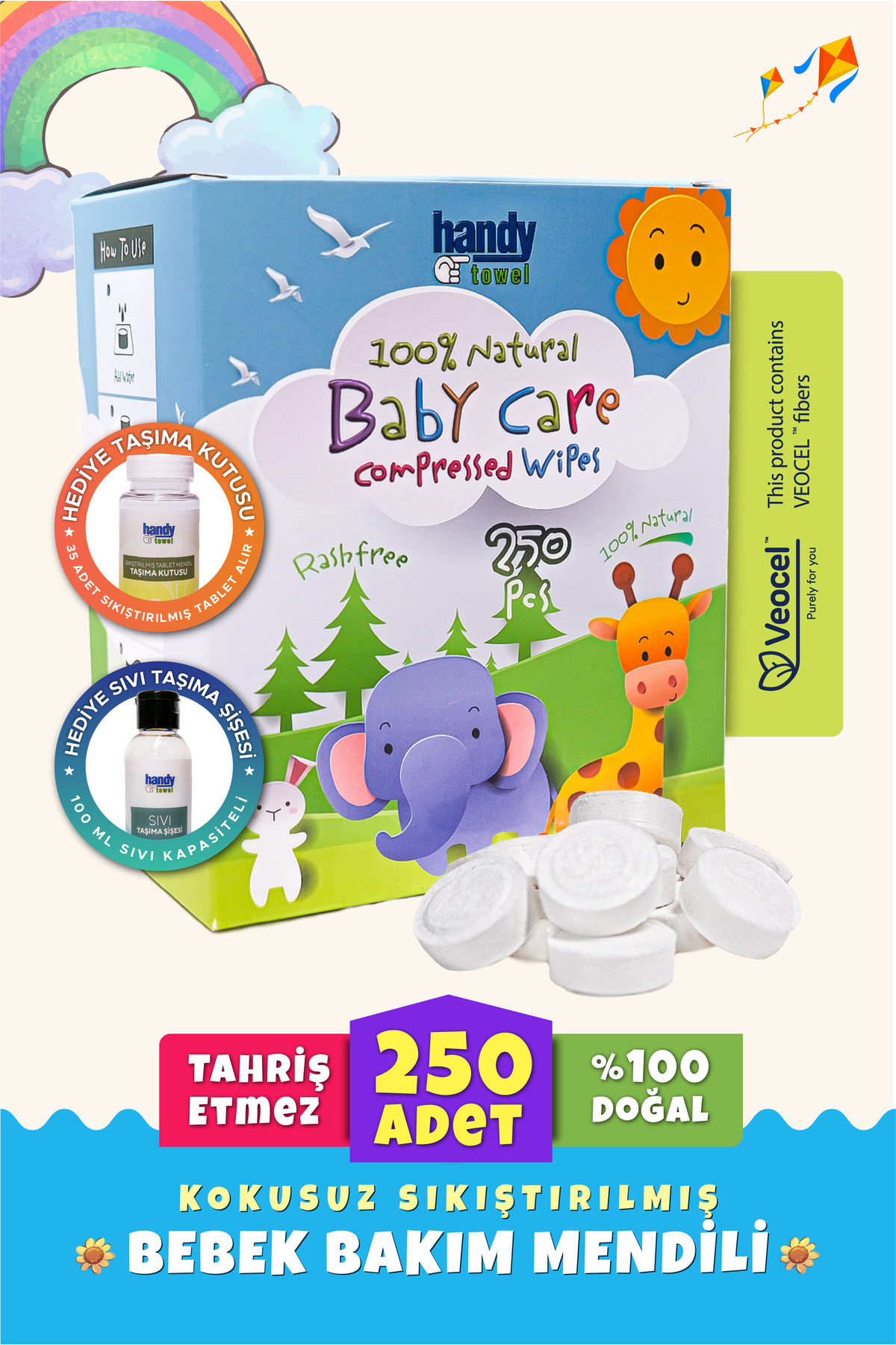 Bebek için Sıkıştırılmış Tablet Mendili 250 Adet