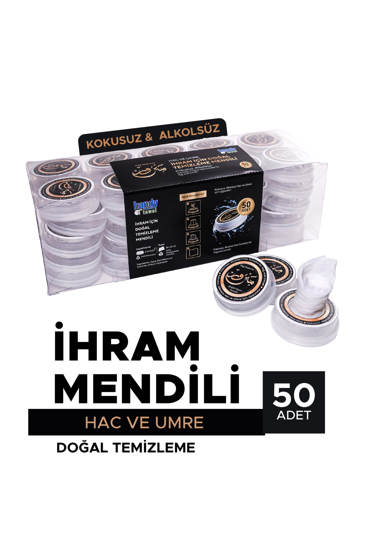 İhram Için Doğal Temizleme Mendili, Hac - Umre Alkolsüz Ve Kokusuz Helal Mendil 50 Adet