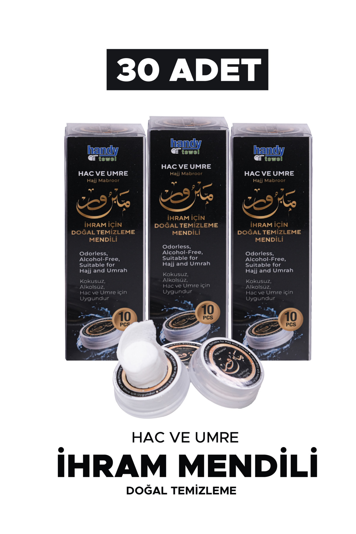 İhram İçin Doğal Temizleme Mendili, Hac - Umre Alkolsüz ve Kokusuz Mendil 3'lü Set 30 Adet
